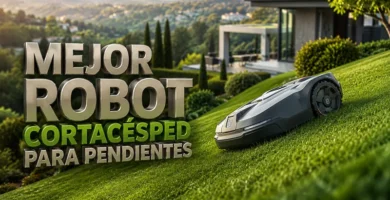 Robot cortacésped trabajando sobre un jardín con pendiente, para elegir el mejor modelo, según tracción y terreno