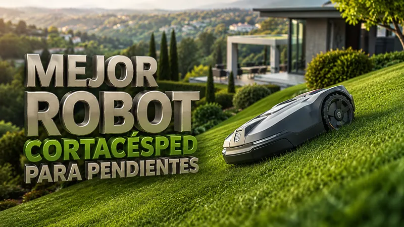 Robot cortacésped trabajando sobre un jardín con pendiente, para elegir el mejor modelo, según tracción y terreno