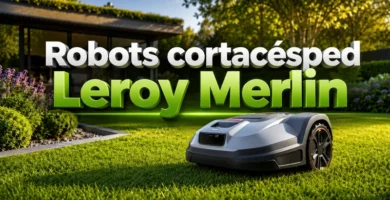 Robot cortacésped en jardín moderno con texto Robots cortacésped Leroy Merlin