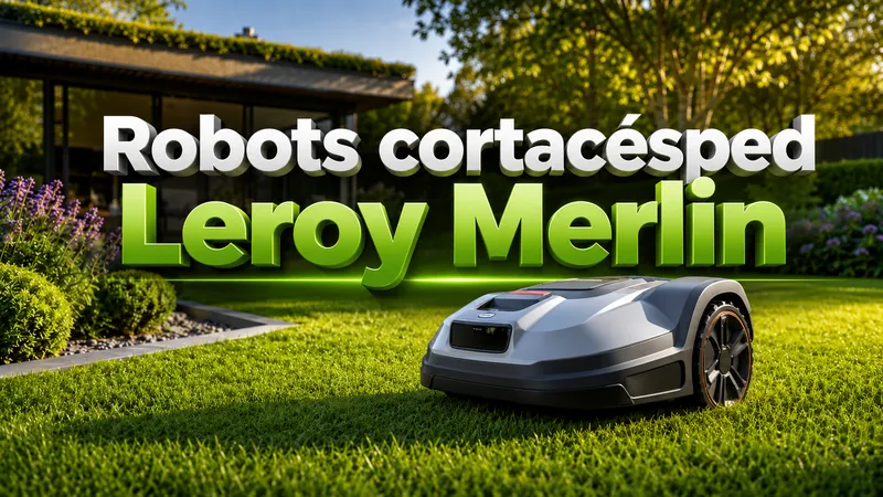 Robot cortacésped en jardín moderno con texto Robots cortacésped Leroy Merlin