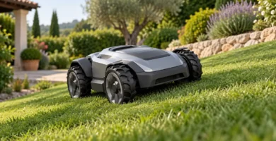 Robot cortacésped de cuatro ruedas sobre césped en un jardín con pendiente.