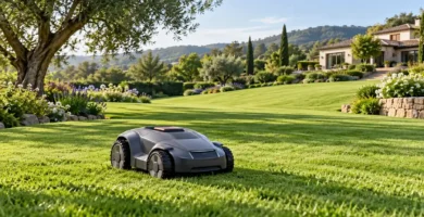 Robot cortacésped sobre el césped de un jardín amplio con árboles y una pendiente suave.